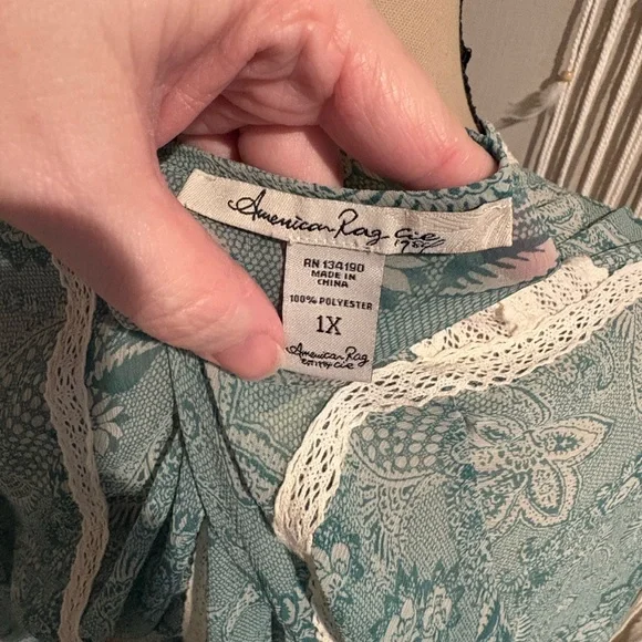 American Rag Teal Button-Down Blouse with Lace - Picture 7 of 8
